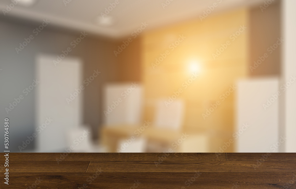 Obraz premium Elegant office interior. Mixed media. 3D rendering.. Sunset.. Background with empty wooden table. Flooring.