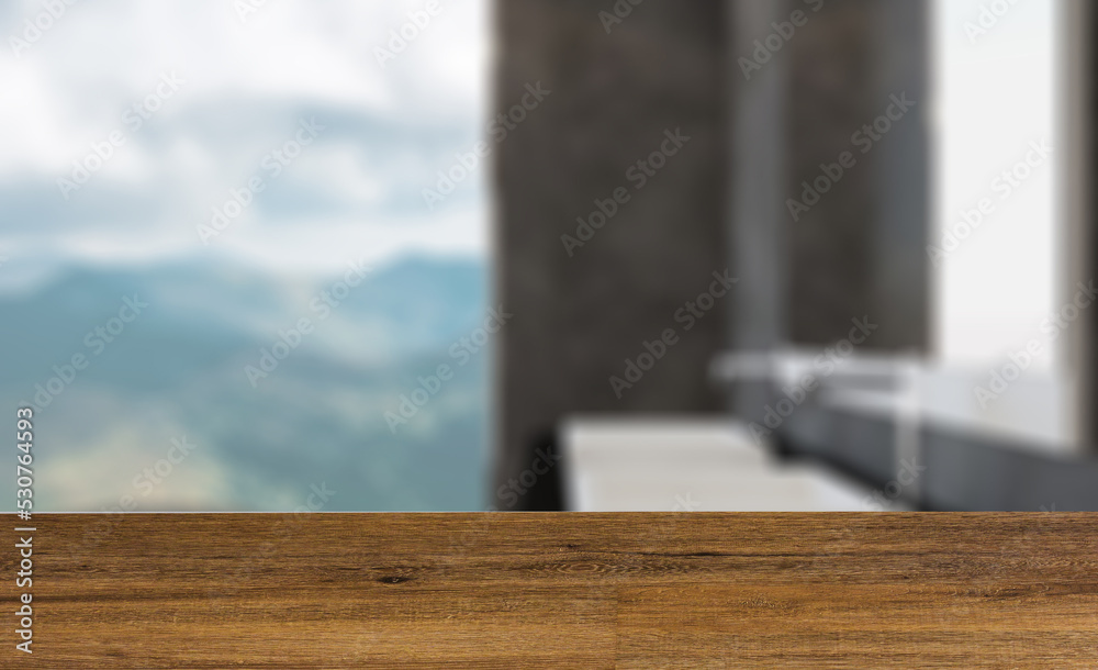 Spacious bathroom in gray tones with heated floors, freestanding. Background with empty wooden table. Flooring. Spacious bathroom in gray tones with heated floors, freestanding. Background with empty wooden table. Flooring.