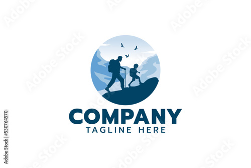 hiking logo with silhouette of a father hiking with his son.