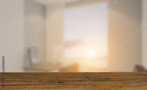 Modern meeting room. 3D rendering.. Sunset.. Background with empty wooden table. Flooring. © COK House