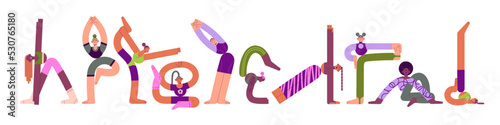 Girls exercise set. Women in asanas, yoga poses. Flexible people training, stretching in different positions, plastic postures of body workout. Flat vector illustrations isolated on white background
