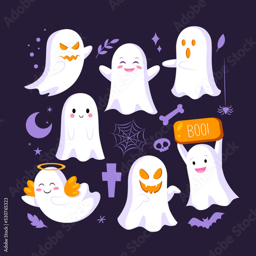 Set of cute Halloween ghosts. Cartoon character vector