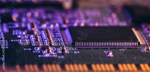 Shortage of chips in car manufacturing. Industrial line for the production of electronic circuit boards with chips.