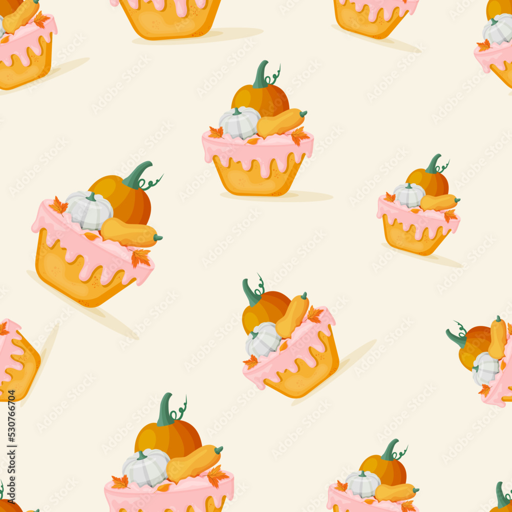 Happy Thanksgiving Day. Cupcake with pumpkins and sugar cream dessert. Pattern for Thanksgiving or harvest festival