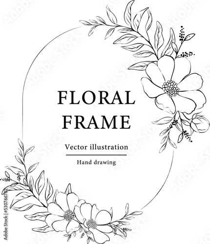 Hand drawn floral frame.  Botanical wreath borders and divider with branch vector illustration on white isolated background.  