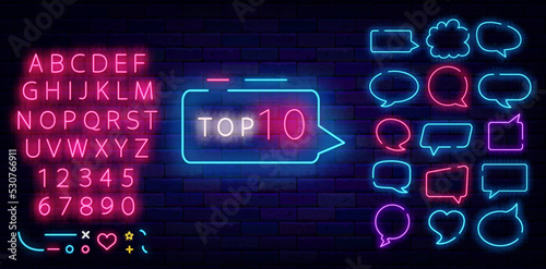 Top 10 neon sign in speech bubble. Hit parade label. Label for radio, talk show and website. Vector illustration