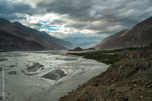 Aerial view of Nubra River and mountain landscape, Ladakh, India. photo