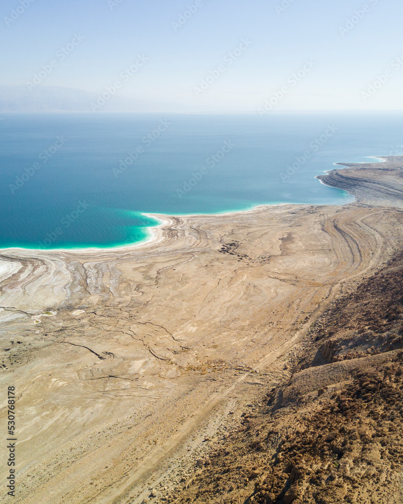 Aerial view of dry coastline along the Dead Sea, Palestine. Aerial view of dry coastline along the Dead Sea, Palestine.