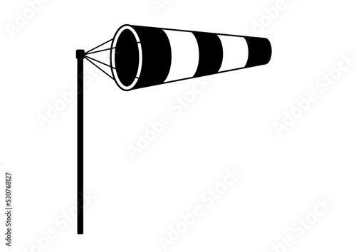 Windsock wind speed black simple vector illustration. Black and white stripe wind cone on pole for airport relative ground wind force and speed indication. Flat design pictogram.