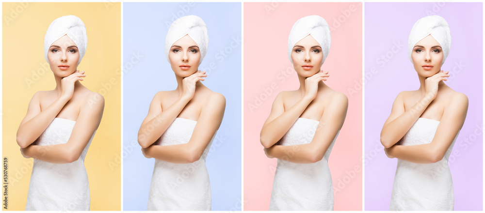 Young, beautiful and natural woman wrapped in towel. Set collection. Young, beautiful and natural woman wrapped in towel. Set collection.
