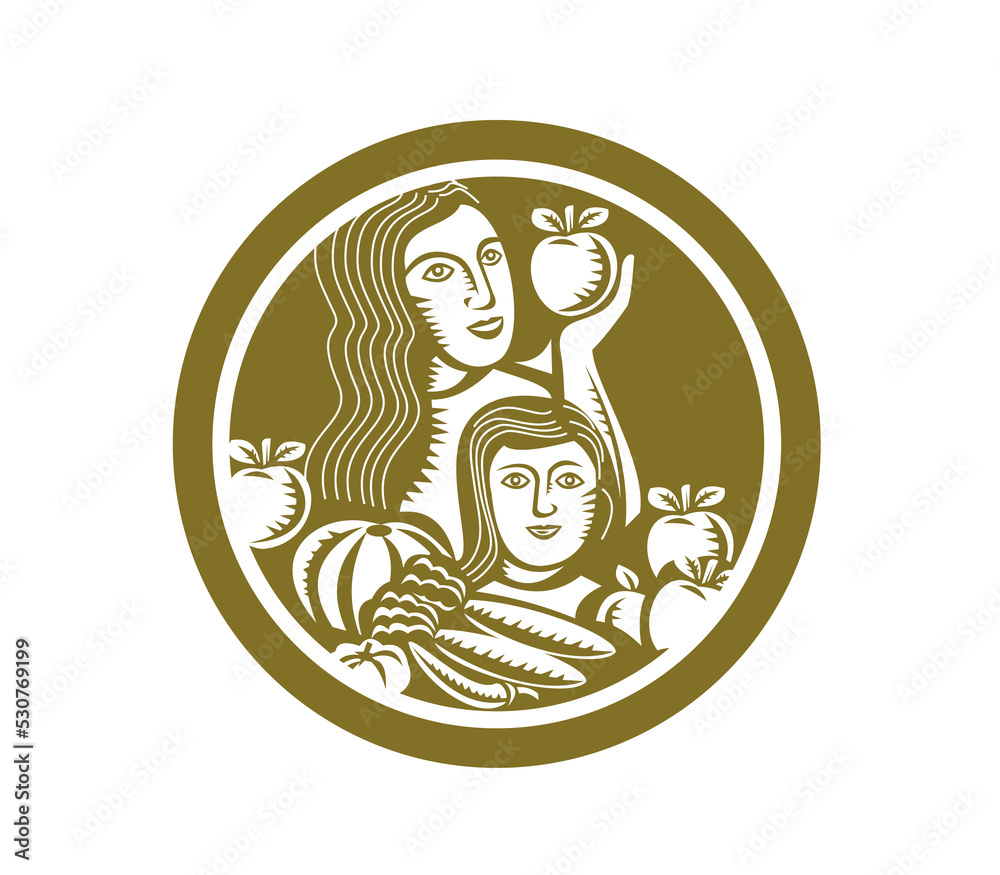 Obraz premium Woman Child Holding Apples Fruits Vegetables Circle Retro