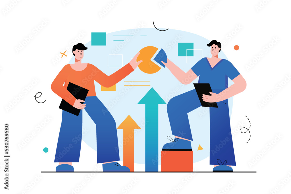 Teamwork concept with people scene in the flat cartoon design. Two employees are developing schemes for the development of a joint project. Vector illustration. Teamwork concept with people scene in the flat cartoon design. Two employees are developing schemes for the development of a joint project. Vector illustration.