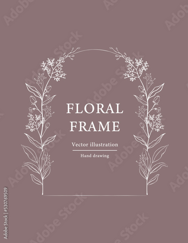 Hand drawn floral frame.  White line botanical wreat borders and divider with branch vector illustration.  Elegant line wedding herb, elegant leaves for invitation save  the date card.