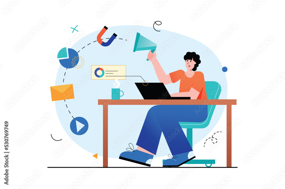 Marketing concept with people scene in the flat cartoon design. Marketer promotes and popularizes products and services using social network. Vector illustration.