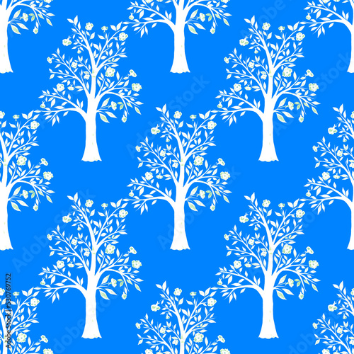 Watercolor seamless pattern with blooming spring trees. Hand drawn abstract l...