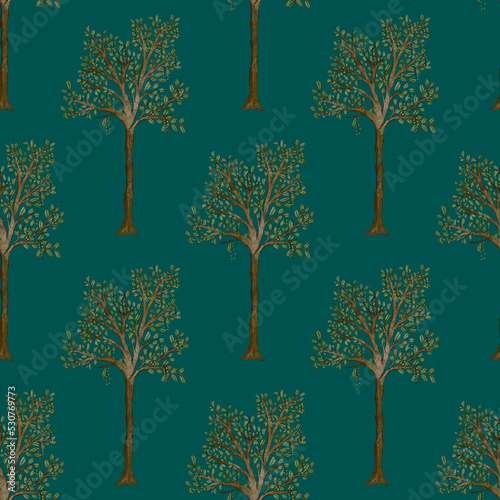Watercolor seamless pattern with blooming spring trees. Hand drawn abstract l...
