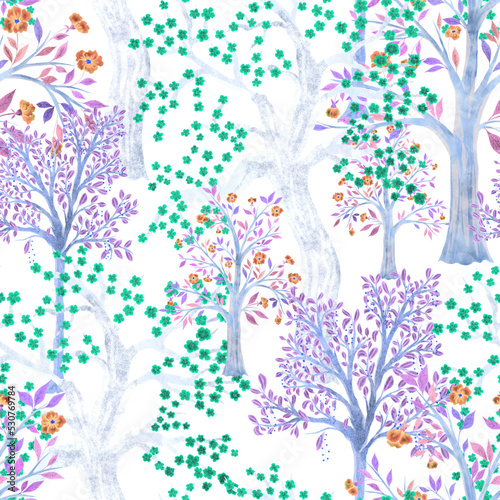 Watercolor seamless pattern with blooming spring trees. Hand drawn abstract l...