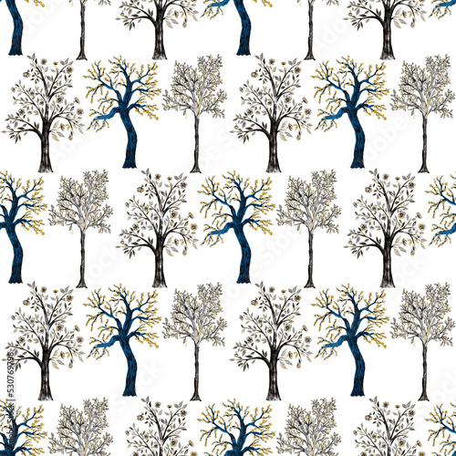 Watercolor seamless pattern with blooming spring trees. Hand drawn abstract l...
