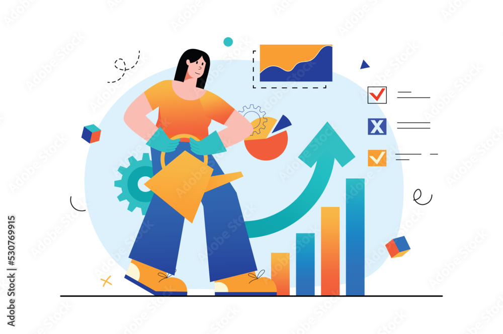 Concept Business grow with people scene in the flat cartoon design. Woman make maximum efforts to observe the growth of her business. Vector illustration.