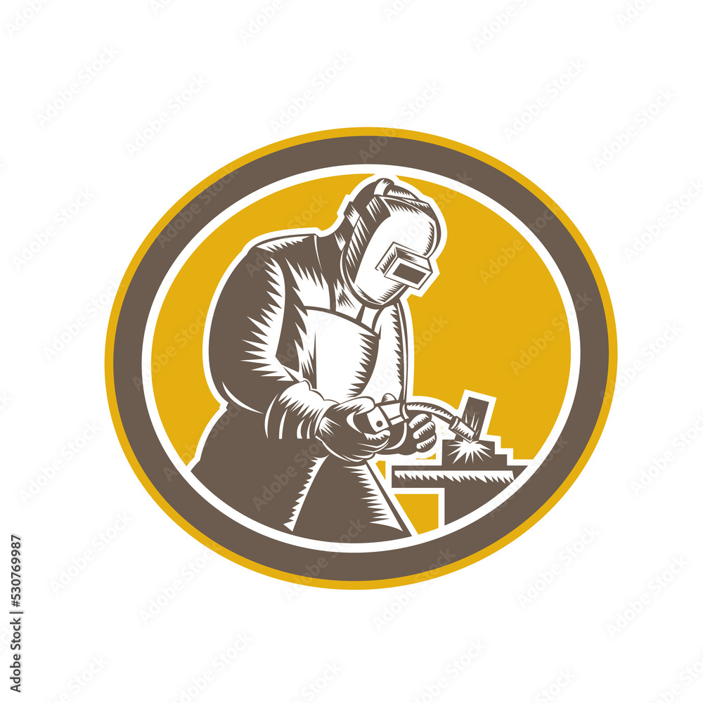 Welder Welding Side Woodcut Oval Retro