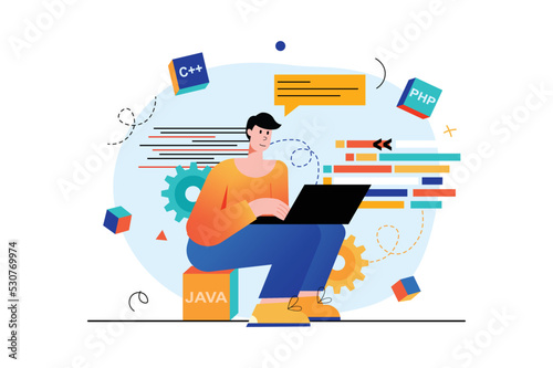 Programming concept with people scene in the flat cartoon design. Programmer writes code for an application using one of the programming languages. Vector illustration.