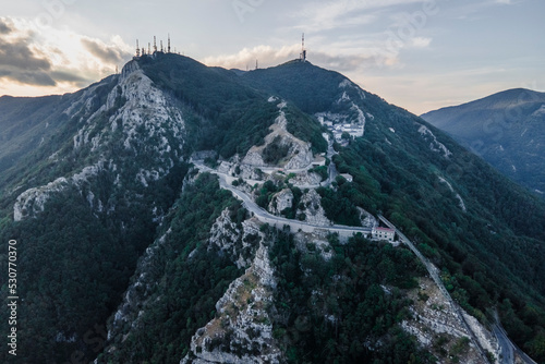 Aerial view of Montevergine mountain at sunset, Mercogliano, Irpinia, Campania, Italy. photo