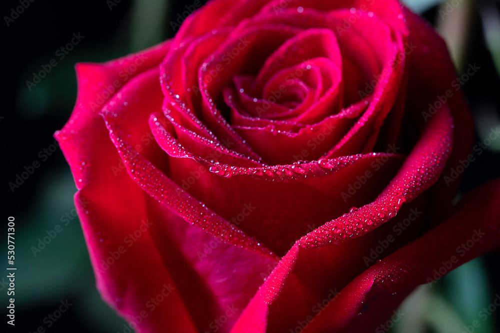 Red rose petals close-up with water drops. Floral background for screensaver, wallpapers, postcards for Valentine's day, birthday, wedding day. High quality photo