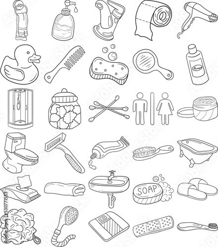 Bathroom Hand Drawn Doodle Line Art Outline Set Containing Comb, Brush, Bathtub, Toothbrush, Toothpaste, Shower stall, Mirror, Sink, Faucet, Liquid soap, Toilet, Towel, Hairdryer, Shampoo, Soap, Toile