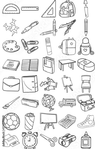 Back To School Hand Drawn Doodle Line Art Outline Set Containing Bag, Blackboard, Book, Notebook, Pencil, Crayon, Eraser, Ruler, Pen, Pins, Bin, Scissors, School Bus, Water Bottle, Clips, Desk, Chair