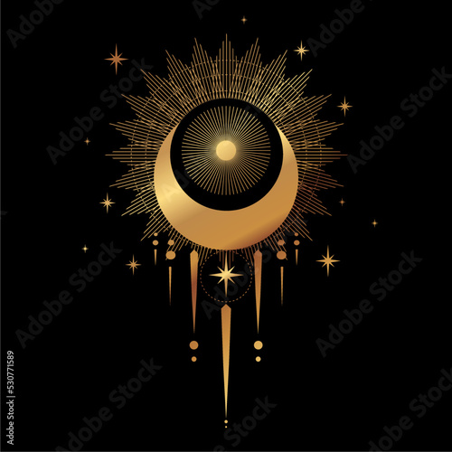 Magic gold crescent with sun. For print for T-shirts and bags, decor element.