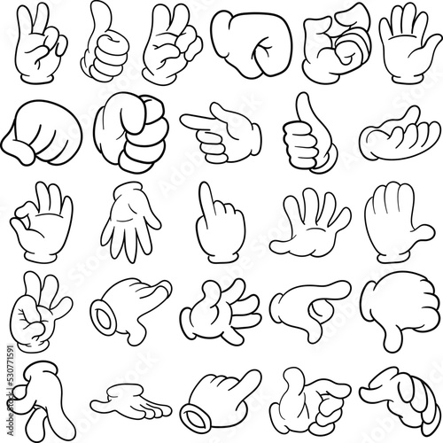 Cartoon Hand Hand-Drawn Doodle Line Art Outline Set Containing fist, grip, palm, peach man, a-ok, a-hole, dislike, high-five, talk to the hand, good job, you,  stop, just a part, this and that, punch,