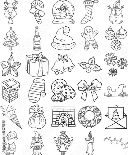 Christmas Hand Drawn Doodle Line Art Outline Set Containing angel, bells, bow, candle, candy cane, Champagne, chimney, Christmas card, Christmas tree, cookies, cracker, elf, fireplace, gingerbread