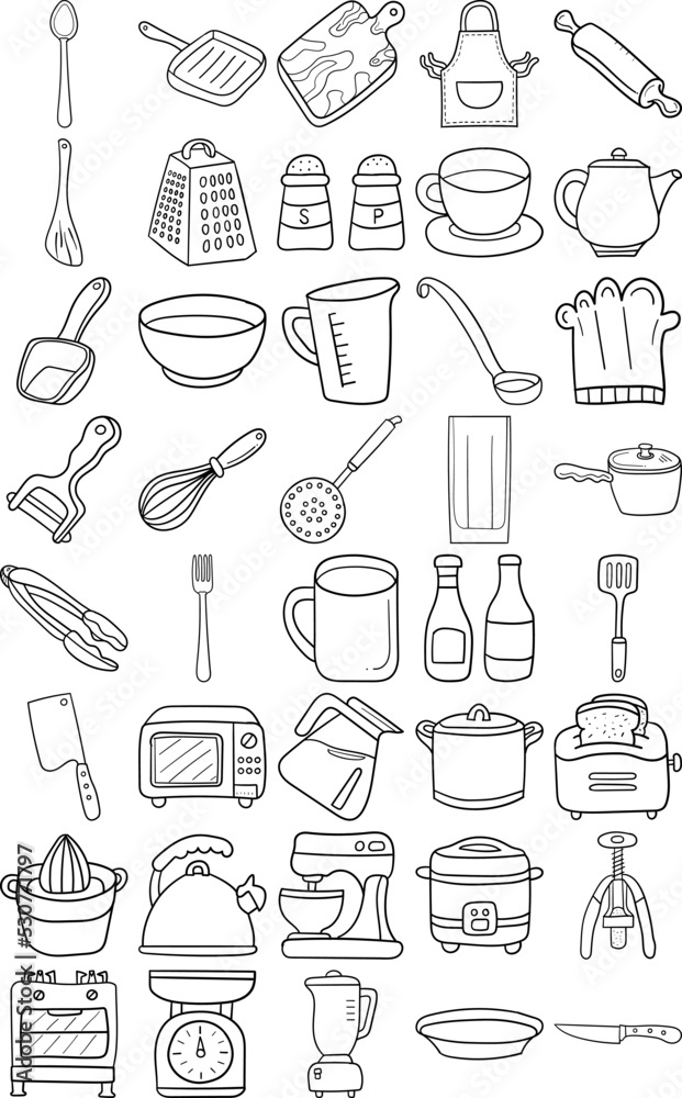 Kitchen Hand Drawn Doodle Line Art Outline Set Containing Toaster, Kettle, Stand Mixer, Rice cooker, Gas range and oven, Blender, Microwave oven, Kitchen scale, Cup and saucer, Mug, Glass, Fork, Spoon Kitchen Hand Drawn Doodle Line Art Outline Set Containing Toaster, Kettle, Stand Mixer, Rice cooker, Gas range and oven, Blender, Microwave oven, Kitchen scale, Cup and saucer, Mug, Glass, Fork, Spoon