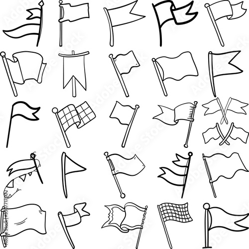 Flags Hand Drawn Doodle Line Art Outline Set Containing Flag, Flags, banner, emblem, streamer, colors, ensign, jack, pennon, standard, banderole, bannerol, burgee, gonfalon
