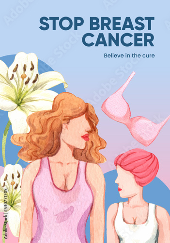 Poster template with breast cancer concept,watercolor style