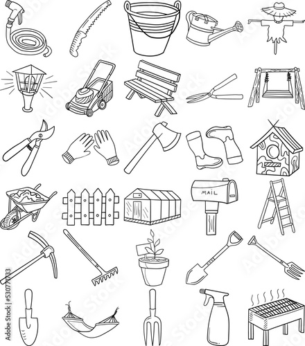 Garden Hand Drawn Doodle Line Art Outline Set Containing Fence, Plant pot, Axe, Gardening gloves, Rake, Hedge shears, Gardening fork, Garden hose, Boots, Watering can, Shovel, Pruning shears, Pruning 