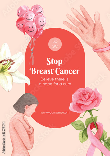 Poster template with breast cancer concept,watercolor style
