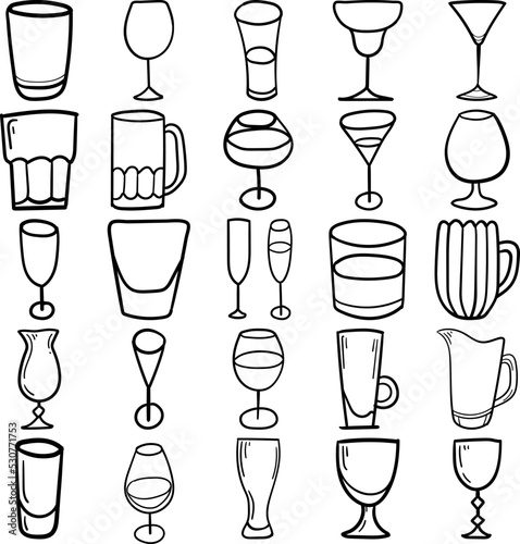 Glass Hand Drawn Doodle Line Art Outline Set Containing Glass, Beverage, Drink, Flute glass, Red Wine glass, White Wine glass, Lowball glass, Highball glass, Cocktail glass, Martini glass, Margarita g