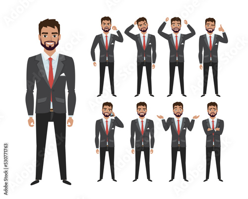 Set of emotions and poses for business man. Male in a cartoon style experiences different emotions.