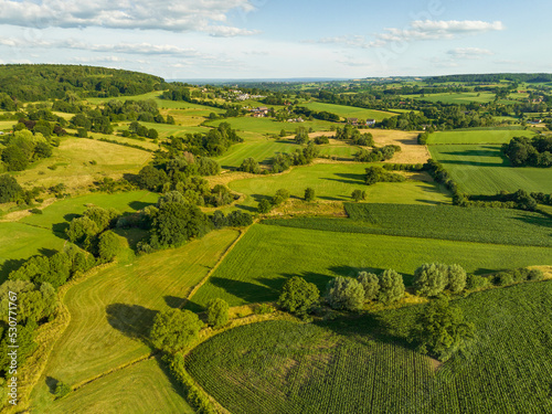 Aerial view of small river Geul in valley Geuldal with grassland, corn and trees, Zuid Limburg, Netherlands. photo