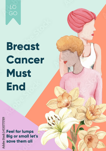 Poster template with breast cancer concept,watercolor style