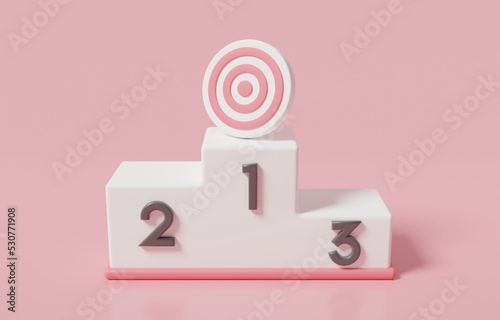 Target on 1st place of winner podium, aiming to win business competition, ambition to become leader among competitive market concept, 3d render illustration.