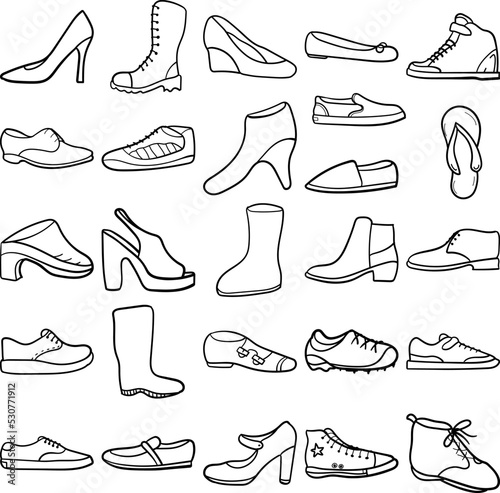 Shoes Hand Drawn Doodle Line Art Outline Set Containing Shoe, Shoes, Knee high boots, Boots, Cowboy boots, Wellington boots, Uggs, Timberland boots, Work boots, Laced booties, Scarpin heels, Court sho