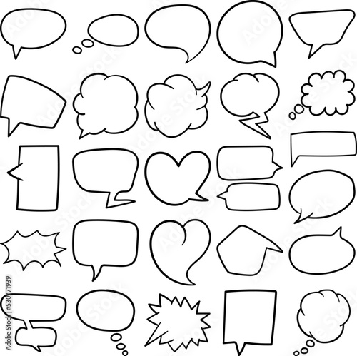 Speech Bubbles Hand Drawn Doodle Line Art Outline Set Containing speech bubble, speech bubbles, speech balloons, dialogue balloons, word balloons, bubbles