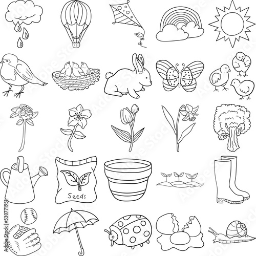 Spring Hand Drawn Doodle Line Art Outline Set Containing Kite, Butterfly, Rabbit, Baseball, Chicks, Egg, Rose, Ladybug, Robin, Rain, Sun, Umbrella, Balloon, Rainbow, Nest, Watering can, Tulips, Boots,