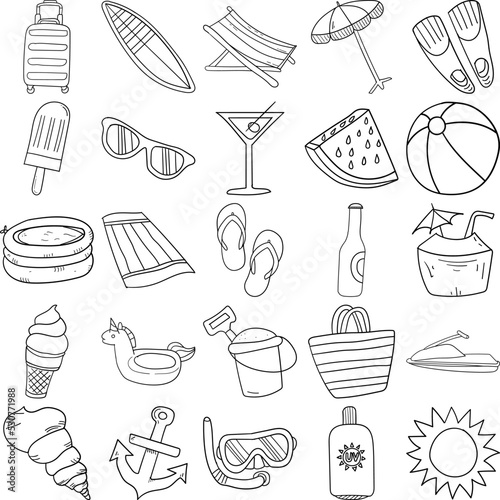 Summer Hand Drawn Doodle Line Art Outline Set Containing Pool, Jetski, Sun cream, Sun, Seashell, Beach ball, Surfboard, Fins, Beach umbrella, Inner tube, Coconut, Sunglasses, Popsicle, Deck chair, Ice