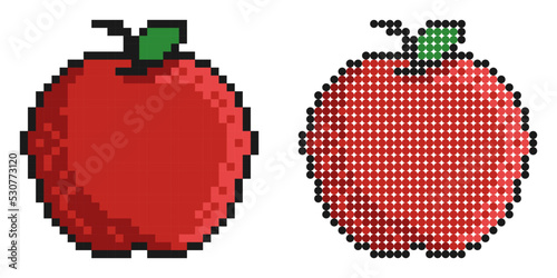 Pixel icon. Red ripe apple fruit. Exotic fruit. Autumn harvest. Simple retro game vector isolated on white background