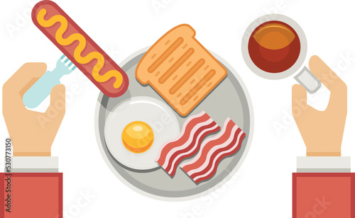 Breakfast top view. Morning coffee and fried egg with bacon dish