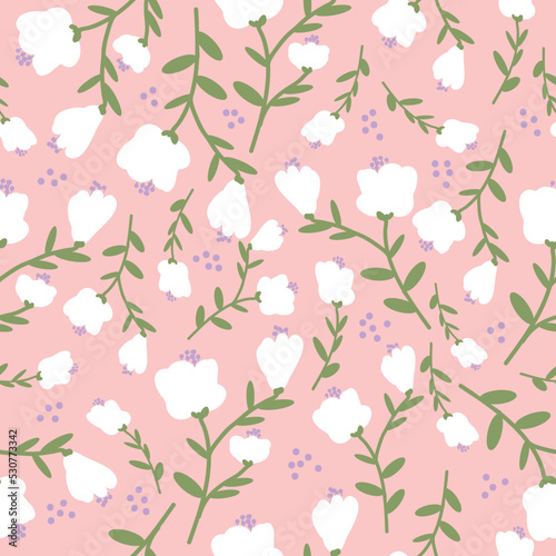Simple vintage pattern. white flowers. green leaves . pink background. Fashionable print for textiles and wallpaper.