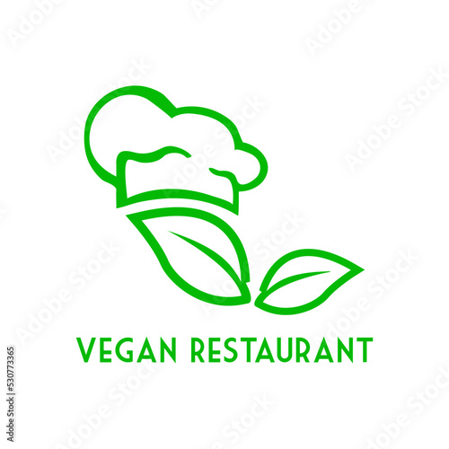 Concepto dieta vegana verde. Logo lineal con texto Vegan Restaurant con silueta de sombrero de chef y hoja de planta